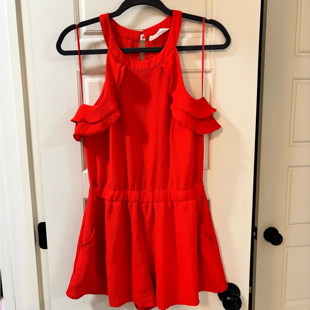 Peach Love California Vibrant Red Ruffle Romper